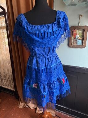 Royal Blue Fringe Lace Off-Shoulder Mexican Pueblo Dress